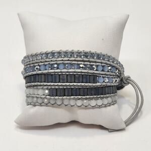 Stella and Dot Four Layer Wrap Bracelet Ice Blue Gray Stones Adjustable Button